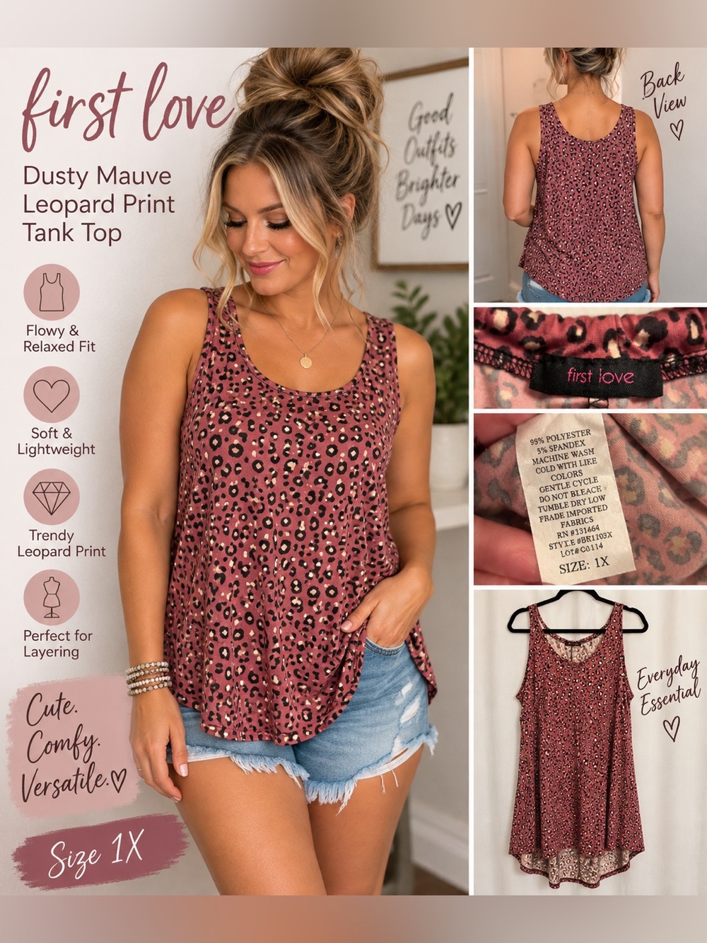 First Love 1X Dusty Mauve Leopard Print Flowy Tank Top